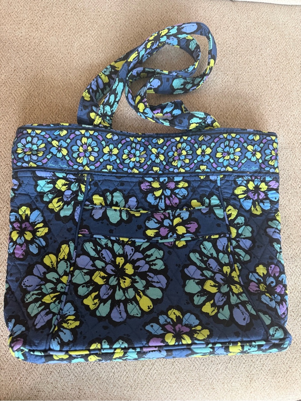 Vera Bradley Ellie Flowers Villager Tote Bag Quilted Blue Purple Floral Purse - Picture 2 of 5